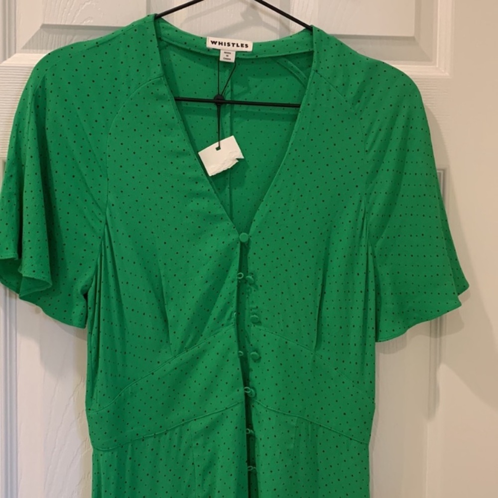 Whistles Kelly Green Micro Spot Polka Dot Modest Midi Dress Size 2 - Picture 9 of 12